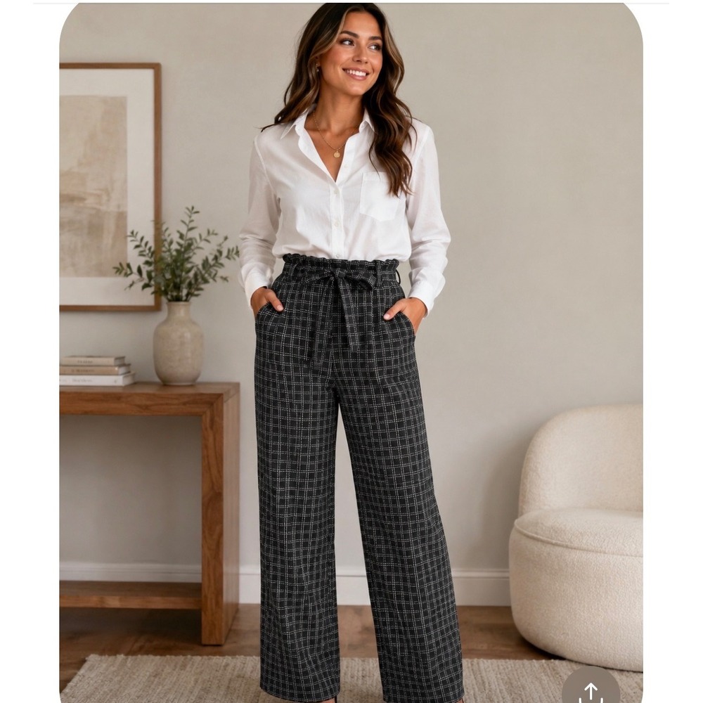 Wide leg‎ knit academia office plaid paperbag waist gray checkered pants